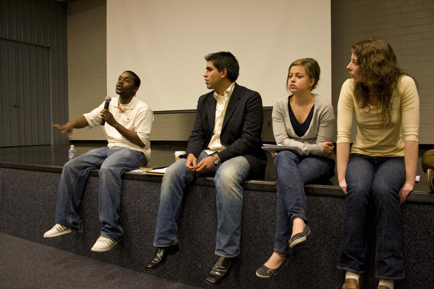 Phillip Wallace speaks as part of a panel of students and alumni at the Jesus mural forum held in Mayers Auditorium on Tuesday May 13. The event focused on speaking for the voice that has not yet been heard on the subject of the mural, specifically involving the issue of racial oppression.