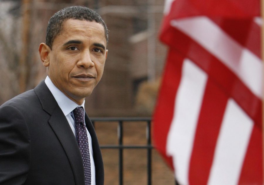 Democratic presidential hopeful, Sen. Barack Obama, D-Ill., looks on as he goes to vote at Beulah Shoesmith Elementary School Tuesday, Feb. 5, 2008, in Chicago.