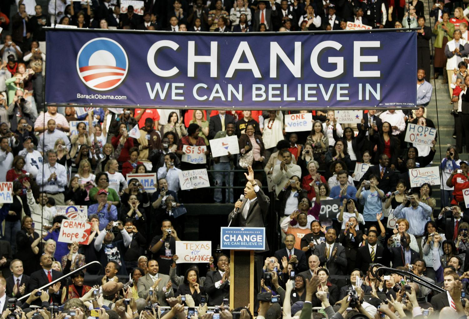 Democratic presidential hopeful, Sen. Barack Obama, D-Ill., speaks at a campaign rally in Dallas, Wednesday, Feb. 20, 2008.