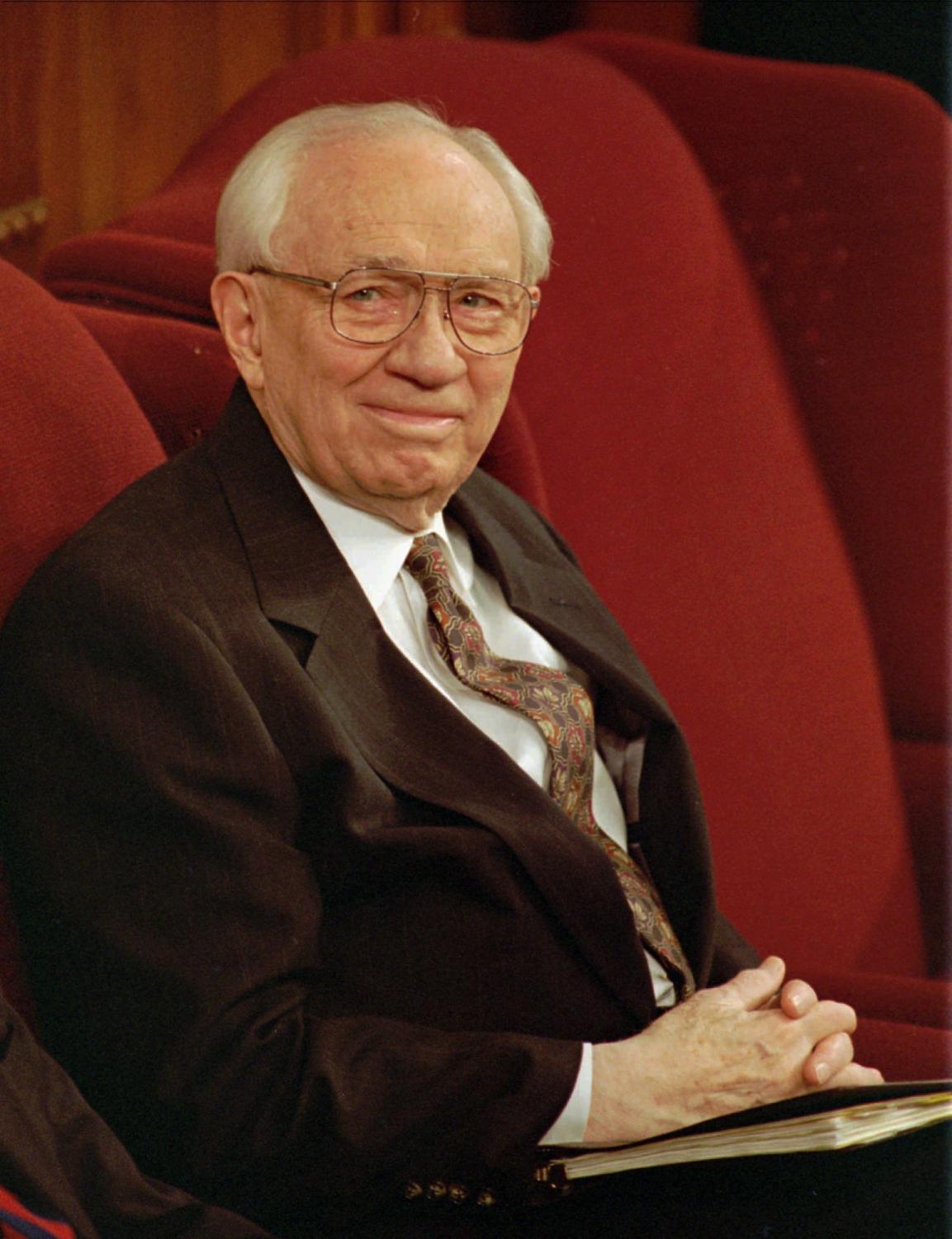 In this Saturday, April 6, 1996 picture, Mormon Church President Gordon B. Hinckley smiles while listening to speeches at the 166th Annual General Conference of the Church of Jesus Christ of Latter-day Saints in Salt Lake City. Hinckley, the longest-serving president of the Mormon church who presided over one of the greatest periods of expansion in its history, died Sunday, Jan. 27, 2008, a church spokesman said. He was 97.