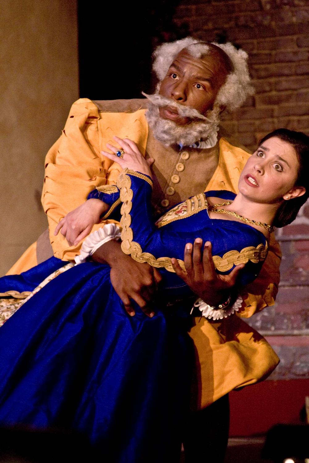 Donte Apperwhite as Falstaff and Melissa Batalles as Mrs. Ford star in Biola's production of "The Merry Wives of Windsor."