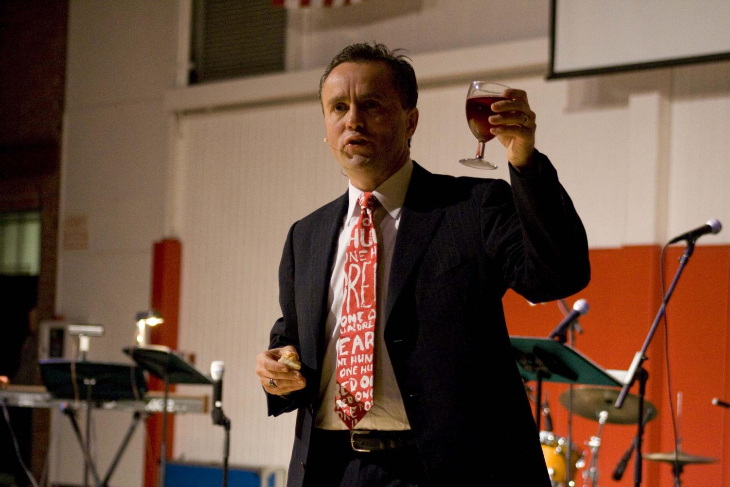 As part of the campus day of prayer, Wednesday morning prayer chapel involved worship, student led prayer, a message by President Corey, and communion. President Corey invited the student body to join with him in the partaking of communion before 'rising up to go'.