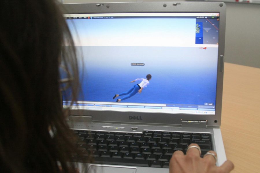 An avatar flies across the computer screen while the user heads to another location within Second Life.