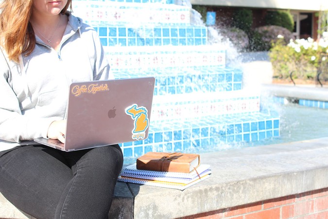 Student+looking+at+their+laptop+next+to+Fluor+fountain
