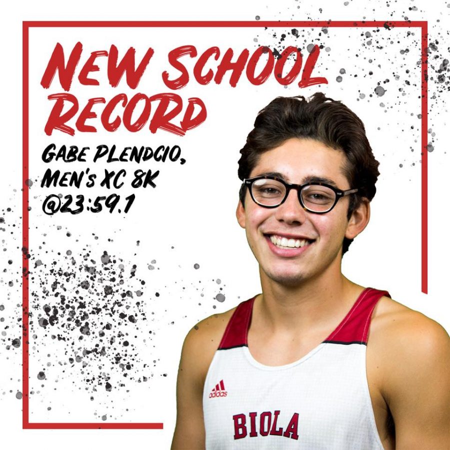 Junior Gabe Pledcio raced into the Biola cross country record books with a blistering 23:59.1 time in the men's 8k at the Santa Clara Bronco Invitational on Oct. 13.