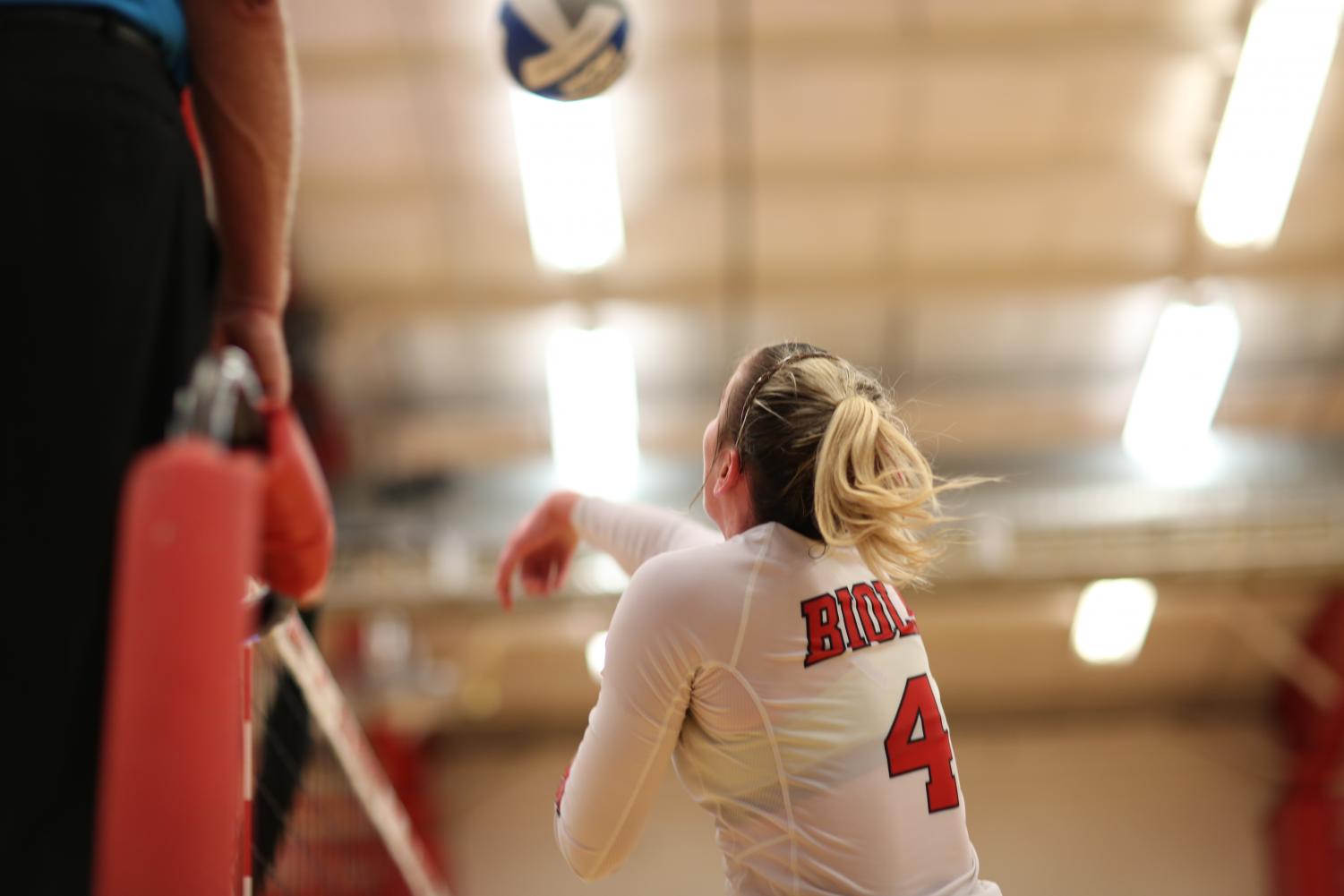 Junior outside hitter Sabrina Winslow goes for a kill in this file photo from Oct. 3, 2018.