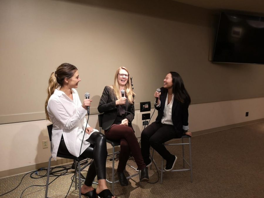 Left to right: Senior business administration major Ashley Moschetti, president of the Biola Entrepreneurship Society, moderates a panel with alumnae founder of Illuminate International Jordan Perkins and founder of Youniquely_Made Karissa Le. Perkins and Le won previous startup competitions and came to share their experiences.