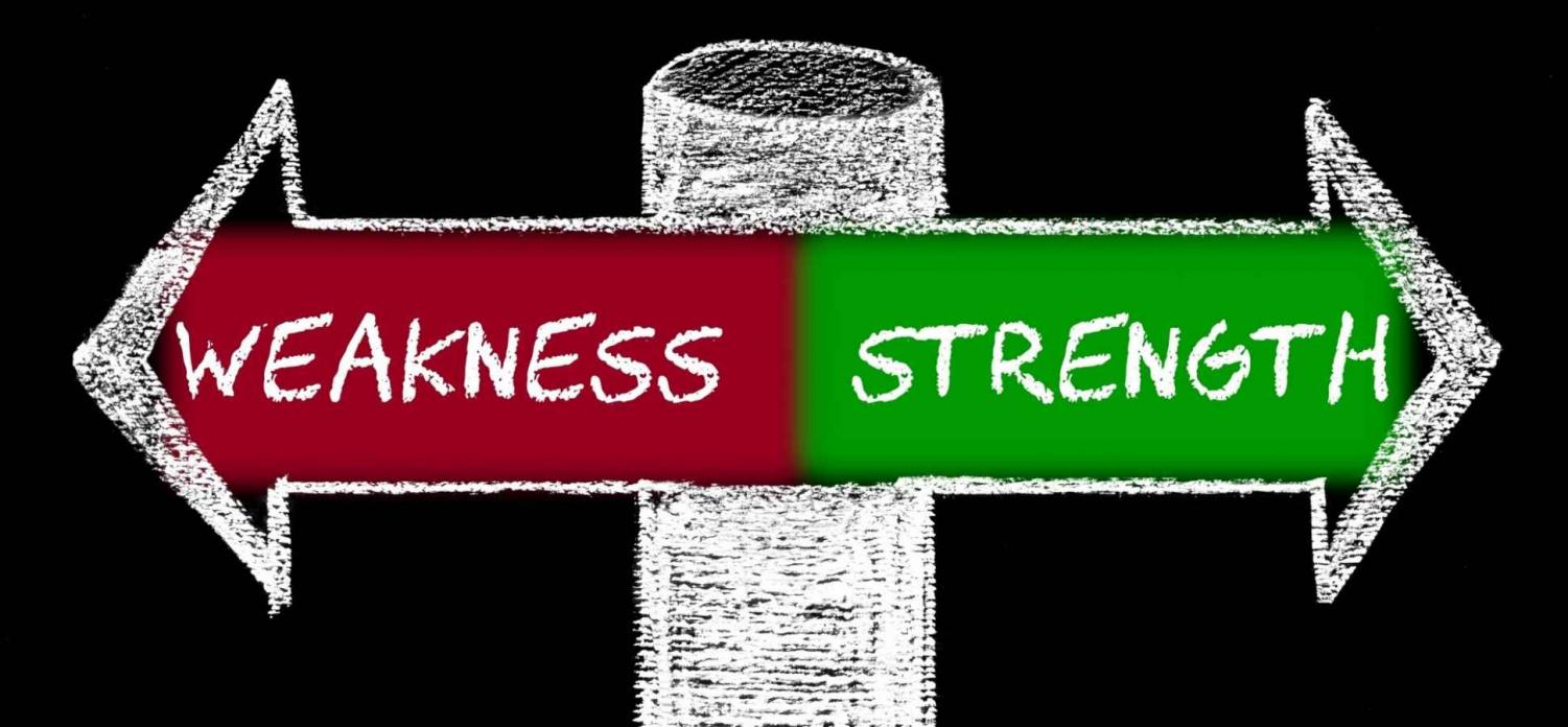 Image shows to arrows pointing in different directions, one saying weakness and the other saying strength.