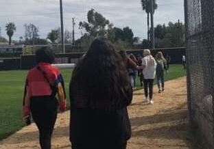 Students walk to the baseball field after being evacuated from lower campus due to a major gas leak.