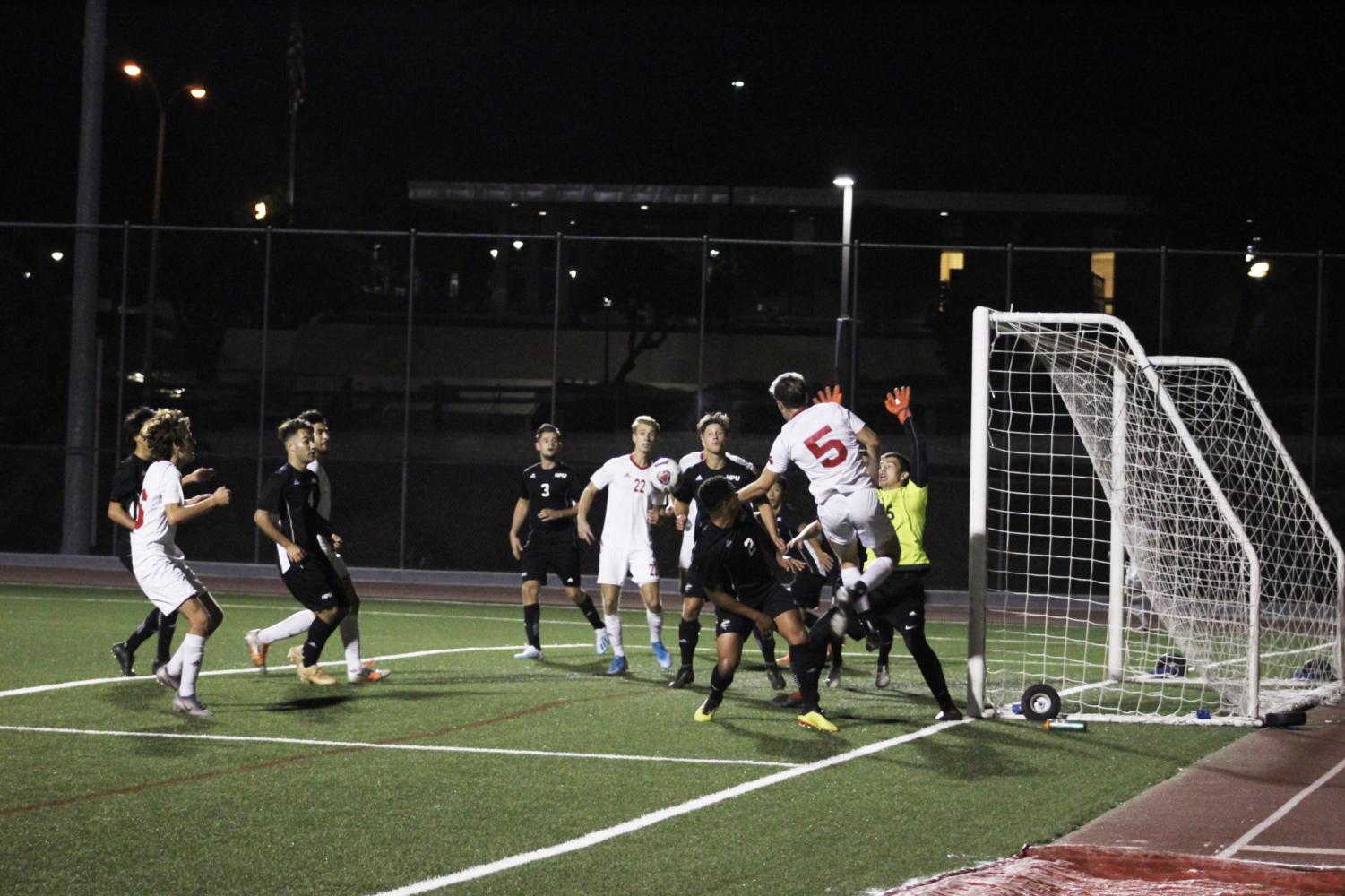 Biola mens soccer team scores their first goal in their game against Hawaii Pacific University on October 28, 2019.  