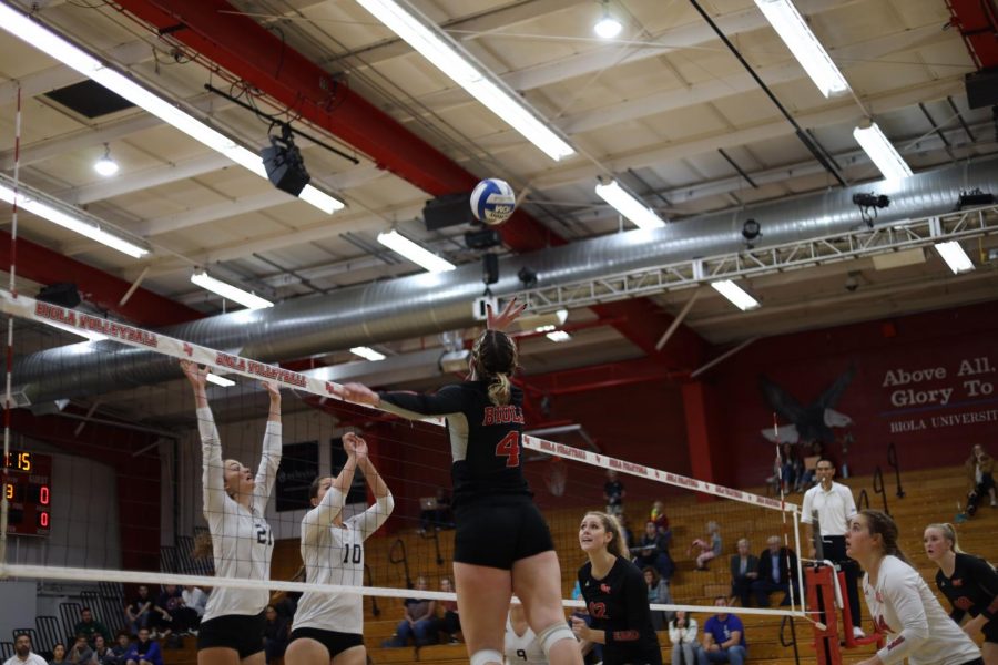 Senior outside hitter, Sabrina Winslow, goes in for the spike against Hawaii Pacific University on November 13th, 2019. 