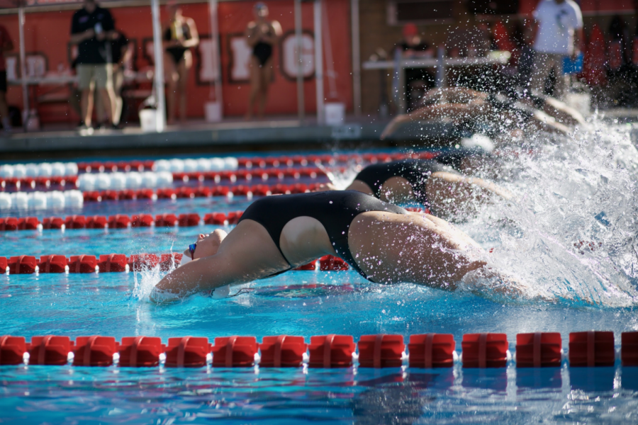 Biola women dive into the backstroke race. 