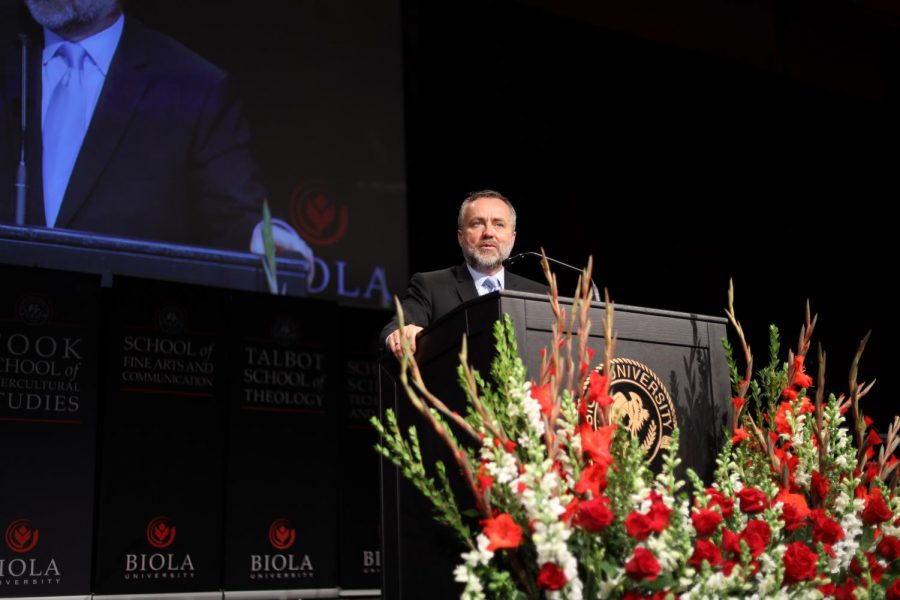 President of Biola University, Dr. Barry Corey, speaks at the Spring 2020 convocation chapel.