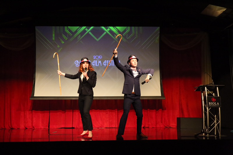 Senior cinema and media arts major Lindsay Lewis and sophomore cinema and media arts major Griffin Douglass at the 2019 Biola Film Festival.