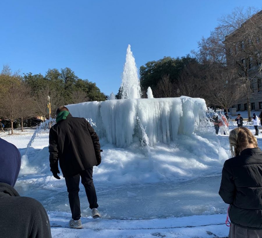 A fountain froze over on the campus of Baylor University in Waco, Texas. 