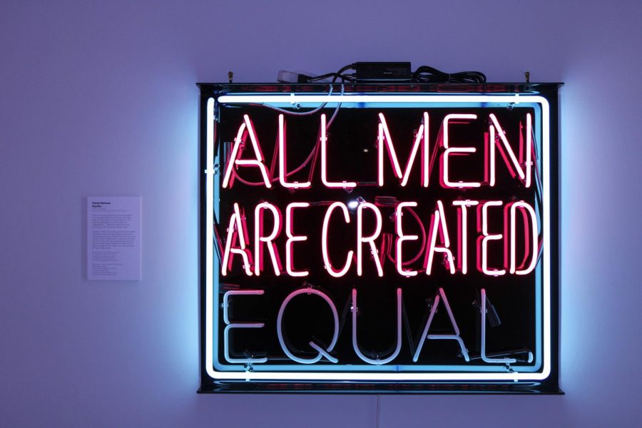 In this neon on plexiglass by Patrick Martinez, the sign is intentionally broken on the bottom, where the sign reads, “Equal.” This is meant to question if the United States has lived up to its foundational political principles of equality. 