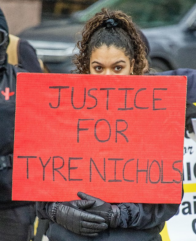 A demonstrator at the Ohio State House in Columbus, Ohio protests Tyre Nicholss death.