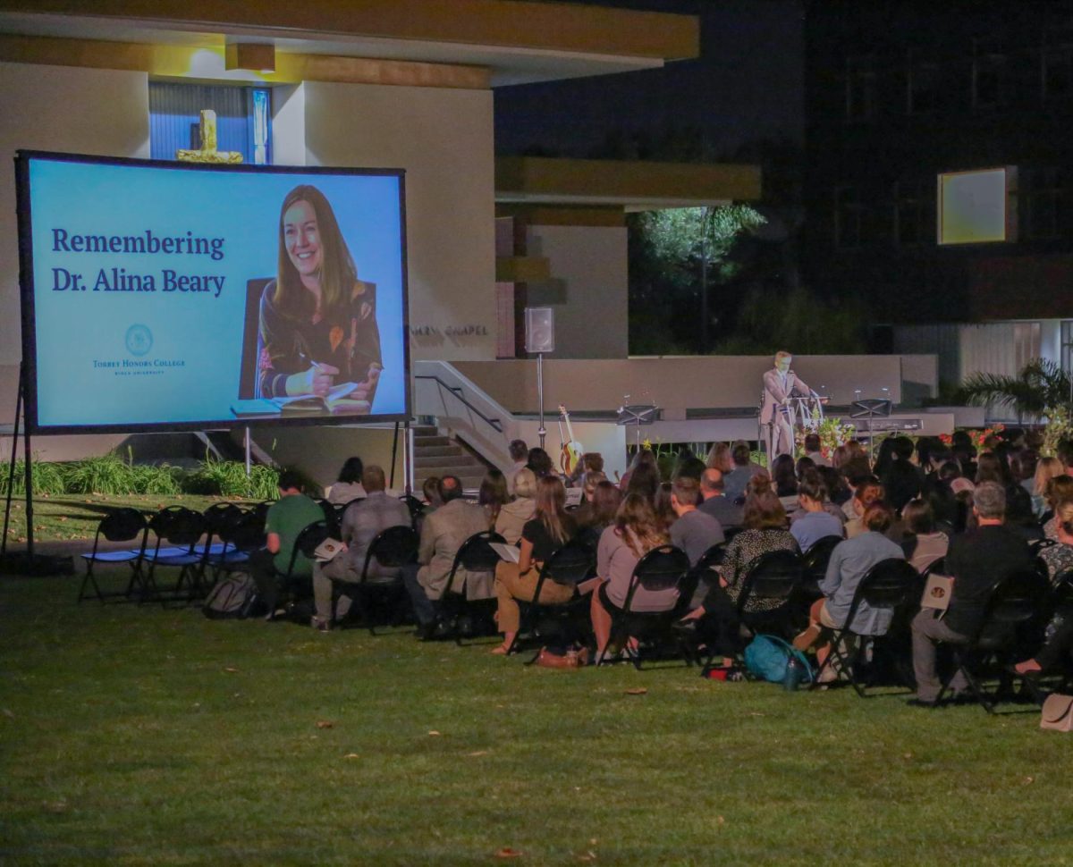 Biola University holds memorial for Dr. Alina Beary on Metzger Lawn. 