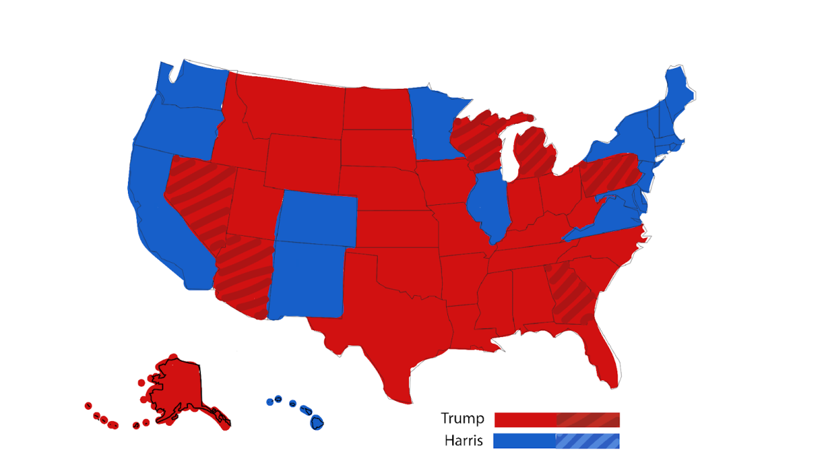 US map indicating the presidential election results for 2024. States with lines indicate the state has flipped where the majority vote went to a different party in the 2020 election. 