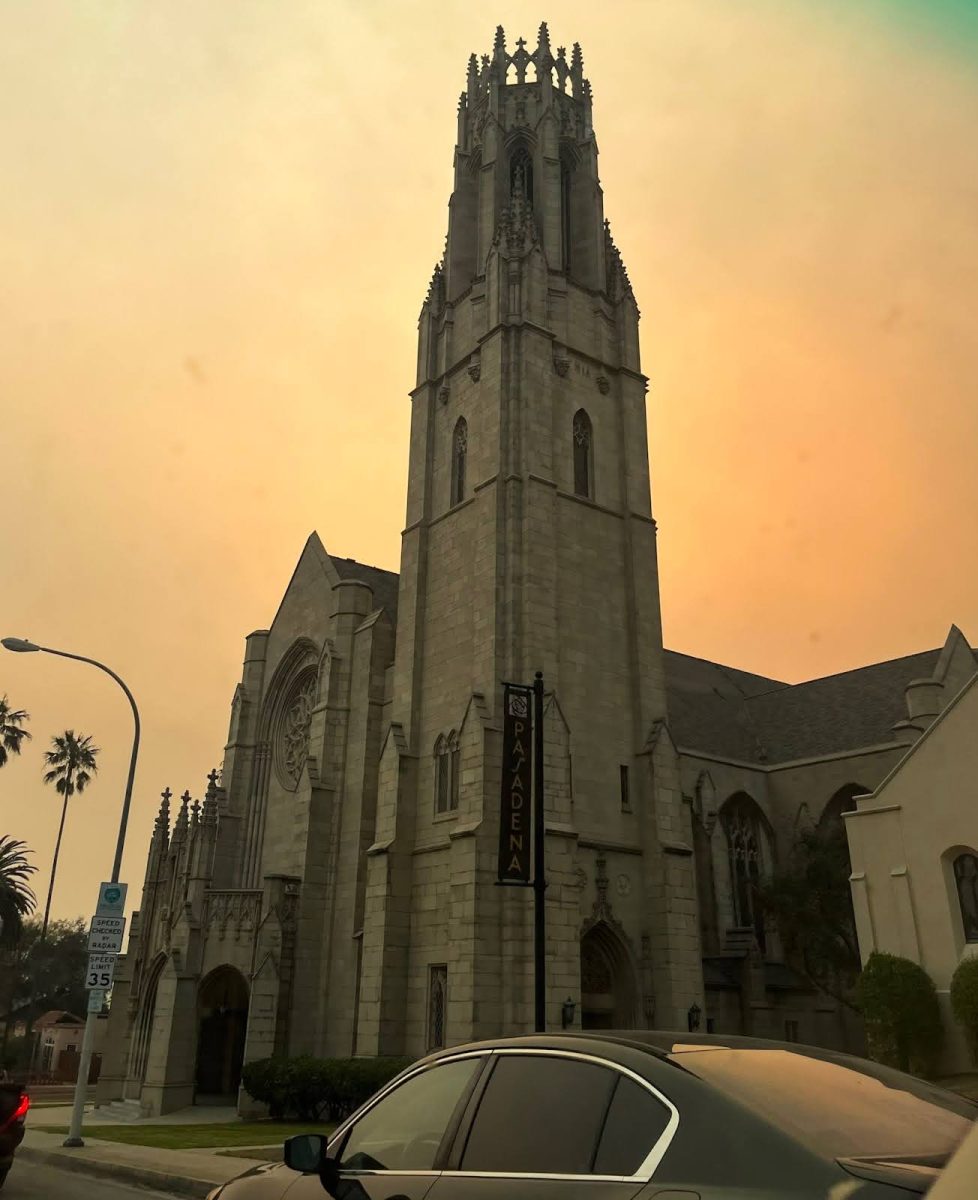 All Saints Episcopal Church in Pasadena, CA on Jan. 8th, 2025, with smoke filled skies as Los Angeles fires rage in southern California the church opened its doors as a shelter for those evacuating from the Eaton Fire. 