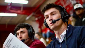 Jeff Woolson (right) alongside Jake Macias (left) calling a Biola game.