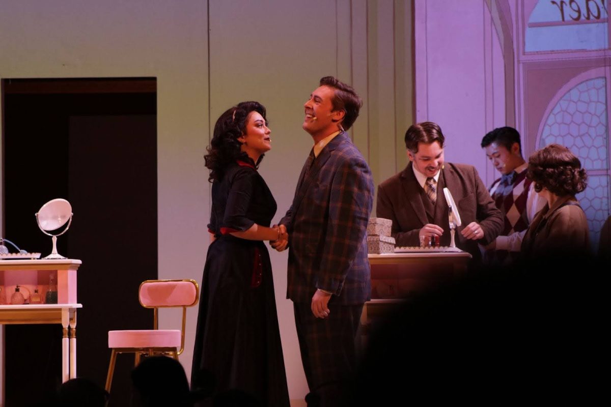 The main characters Amalia Balash played by Jesenya Rivera-Puls (Left), and George Nowack played by Andrew Ambrose (second from left) in “She loves me” musical.
