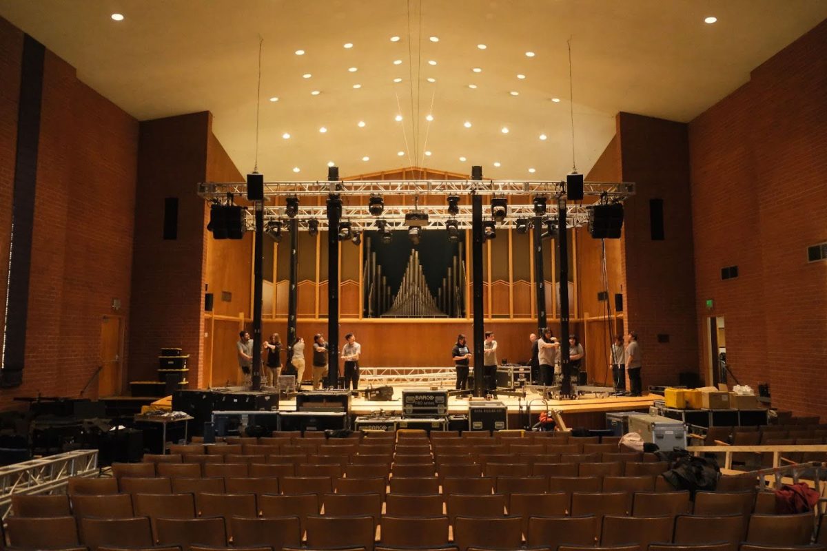 A crew sets up the sound equipment in preparation for “She Loves Me” Biola Theatre’s latest musical, showings will start on Feb. 6, 2025.