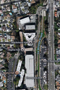 Arial view of Biola’s campus showing Alpha, Sigma, and Blackstone Halls. Water leak was resolved near University dr. and the La Mirada campus entrance. 
