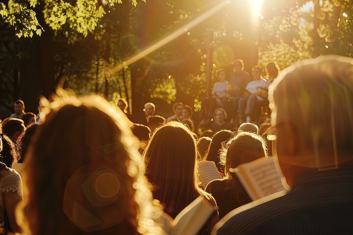 Congregation sings hymns at an outdoor church service
