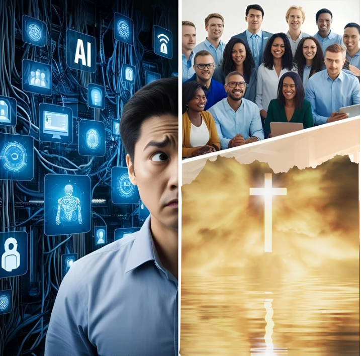 AI-generated image created using Canva to demonstrate both the potential dangers and benefits of artificial intelligence from a Christian perspective.